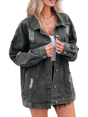 〽️Women's Green Light Wash Oversized Distressed Denim Boyfriend Fit Jean Jacket